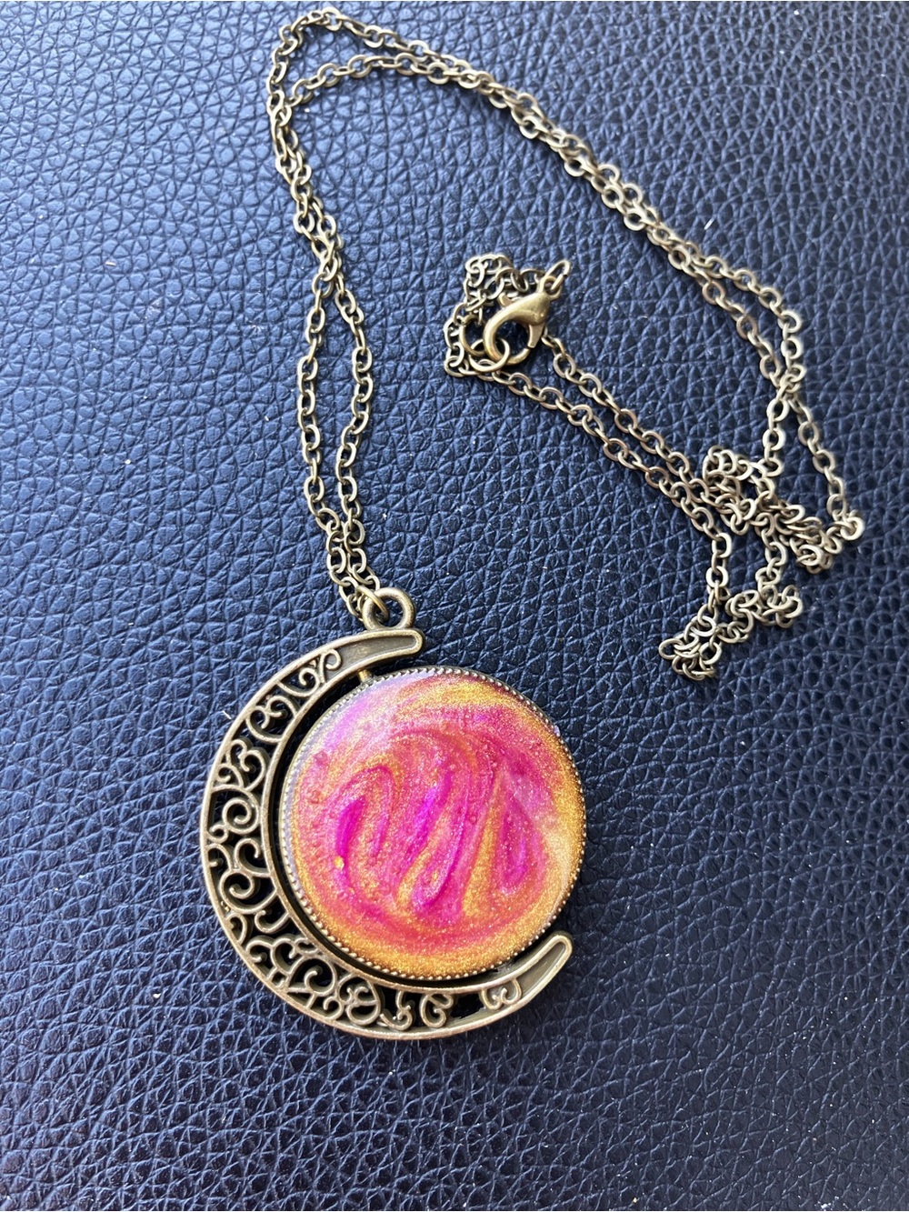 Double sided moon pendant necklace purple and pink